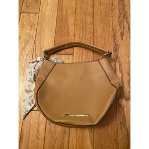 Steve Madden, tan small round casual purse with scarf